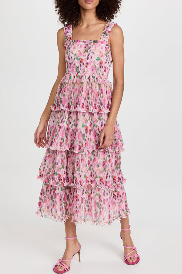 Sexy Square Neck Smocked Tiered Pleated Floral Midi Sundress - Pink