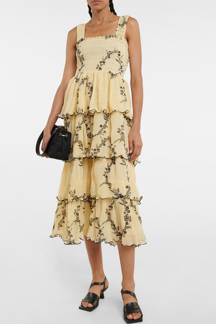 Sexy Square Neck Smocked Tiered Pleated Floral Midi Sundress - Yellow