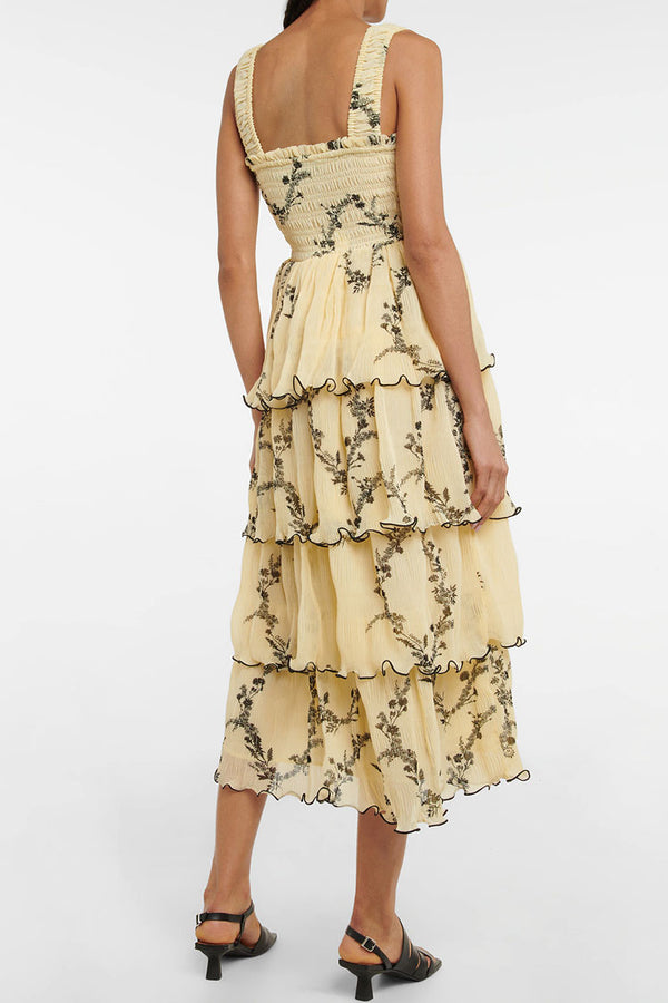 Sexy Square Neck Smocked Tiered Pleated Floral Midi Sundress - Yellow