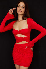 Sexy Sweetheart Long Sleeve Ruched Cutout Club Mini Dress - Red
