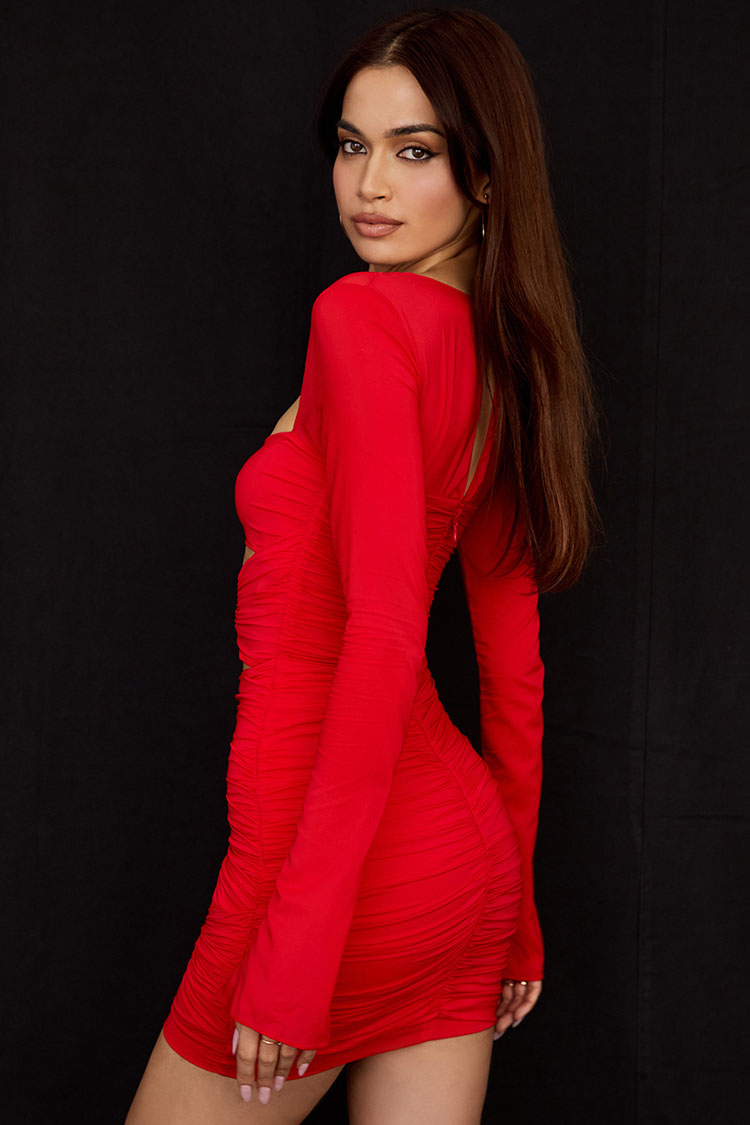 Sexy Sweetheart Long Sleeve Ruched Cutout Club Mini Dress - Red