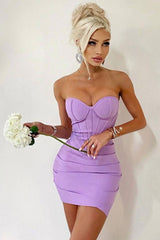 Sexy Sweetheart Strapless Pleated Bodycon Bandage Mini Dress - Purple