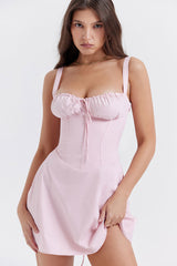 Sexy Tie Front Lace Up Back Fit & Flare Corset Mini Sundress - Light Pink