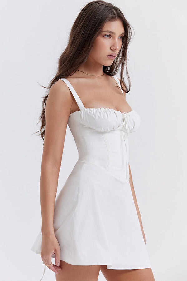 Sexy Tie Front Lace Up Back Fit & Flare Corset Mini Sundress - White