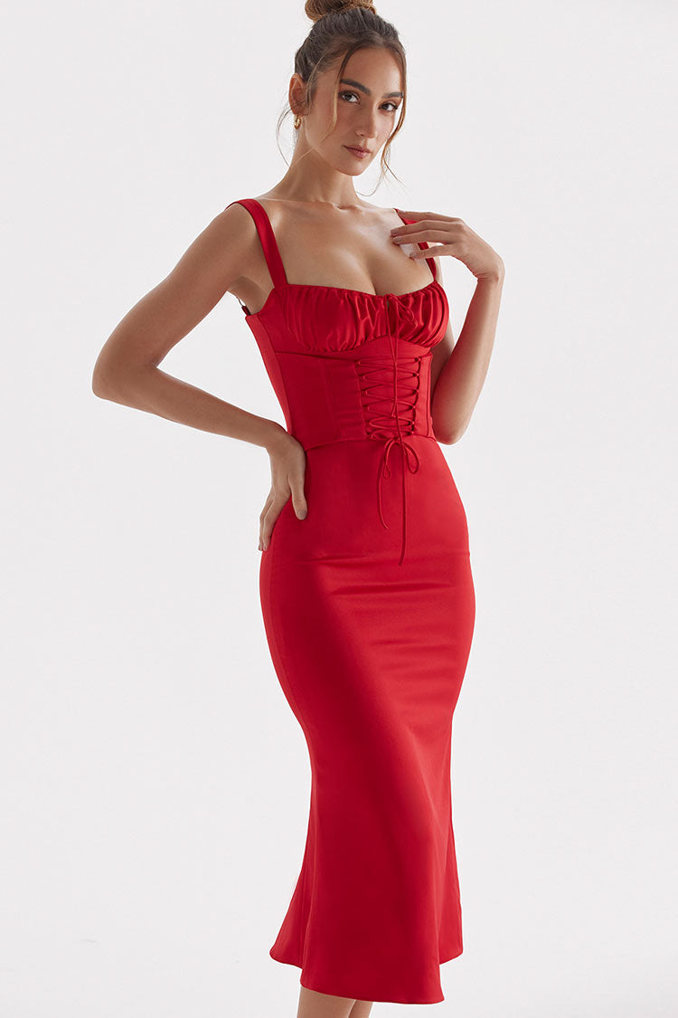 Sexy Tie Neck Lace Up Satin Corset Cocktail Party Midi Dress - Red