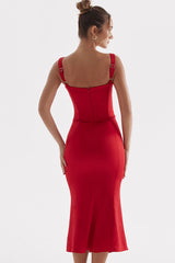 Sexy Tie Neck Lace Up Satin Corset Cocktail Party Midi Dress - Red