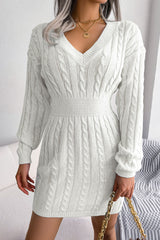 Sexy V Neck Winter Fisherman Cable Knit Sweater Mini Dress - White