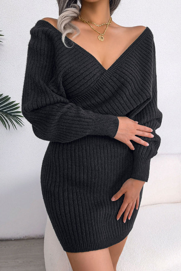 Sexy Winter Wrap V Neck Rib Knit Sweater Mini Dress - Black