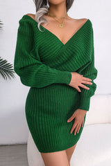 Sexy Winter Wrap V Neck Rib Knit Sweater Mini Dress - Emerald Green