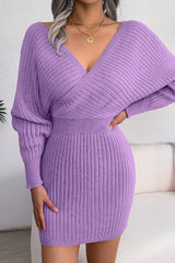 Sexy Winter Wrap V Neck Rib Knit Sweater Mini Dress - Purple