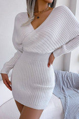 Sexy Winter Wrap V Neck Rib Knit Sweater Mini Dress - White