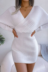Sexy Winter Wrap V Neck Rib Knit Sweater Mini Dress - White
