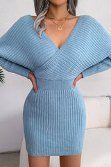 Sexy Winter Wrap V Neck Rib Knit Sweater Mini Dress - Blue
