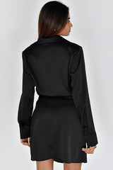 Silky Collared V Neck Ruched Wrap Trim Long Sleeve Mini Dress - Black