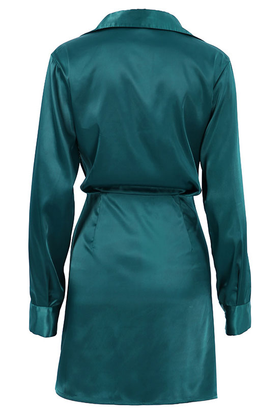 Silky Collared V Neck Ruched Wrap Trim Long Sleeve Mini Dress - Emerald Green