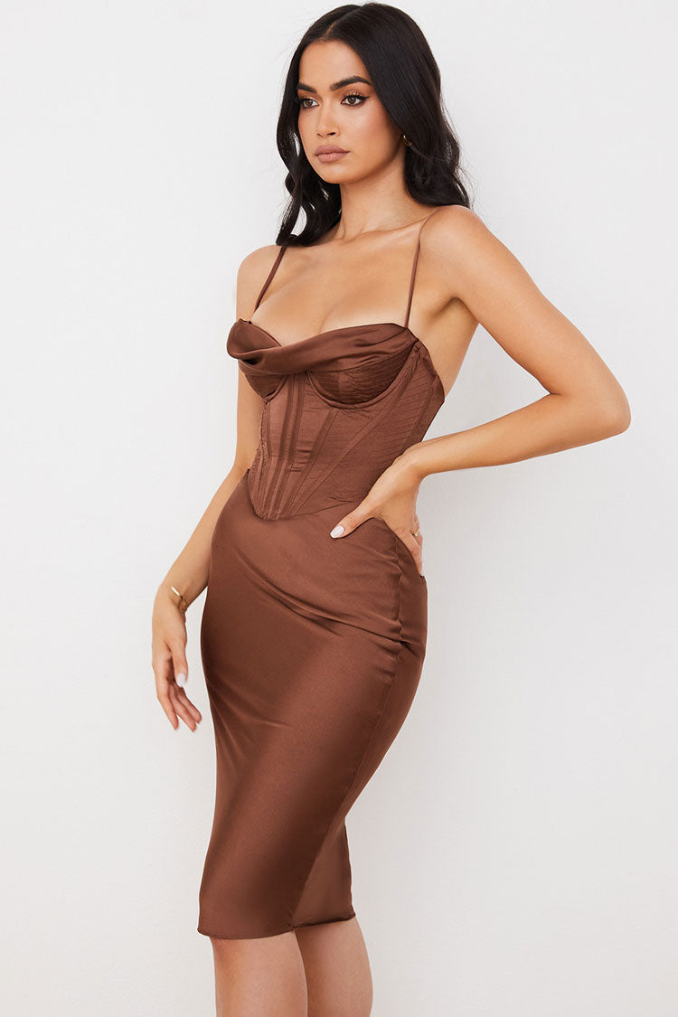 Silky Cowl Neck Corset Satin Midi Cocktail Dress - Coffee