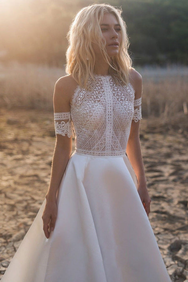 Silky Satin A-Line Crochet Lace Maxi Beach Wedding Dress - White