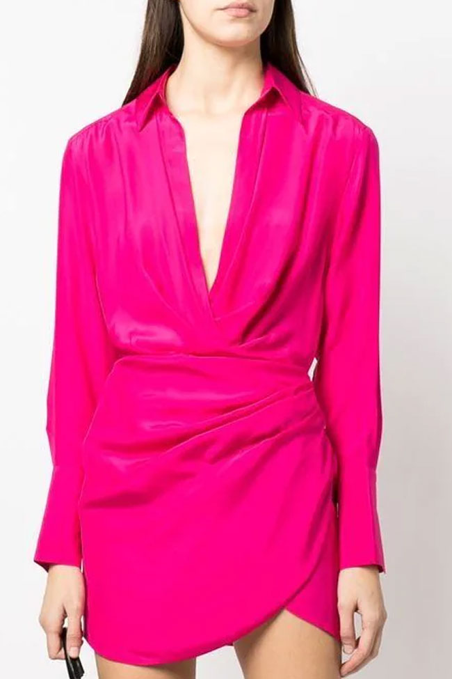 Silky Satin Collared V Neck Long Sleeve Draped Shirt Mini Dress - Hot Pink