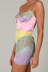 Silky Satin Color Panel Lacy Bustier Slip Mini Dress - Multicolor