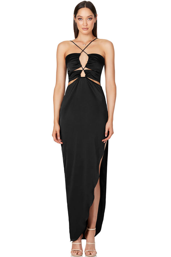 Silky Satin Cross Front Cutout Slit Cocktail Party Dress - Black