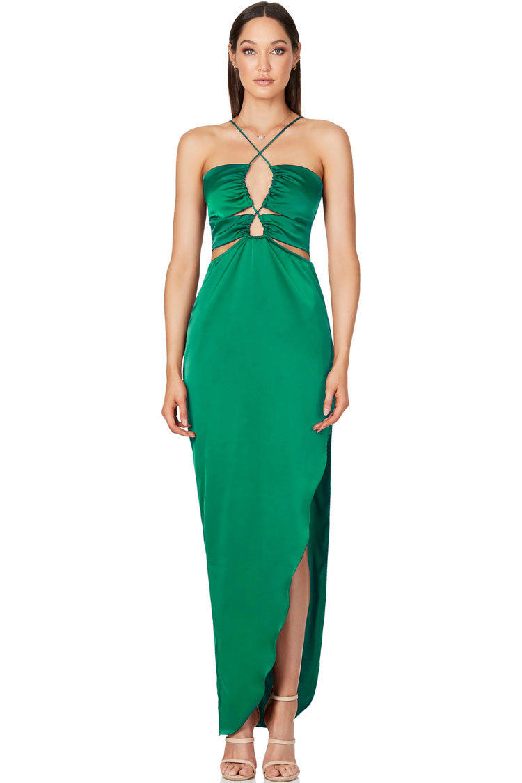 Silky Satin Cross Front Cutout Slit Cocktail Party Dress - Emerald Green