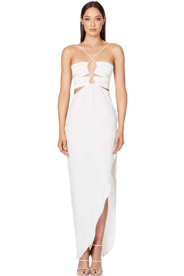 Silky Satin Cross Front Cutout Slit Cocktail Party Dress - White