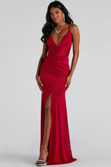 Silky Satin Deep V Ruched Front Slit Evening Maxi Dress - Red