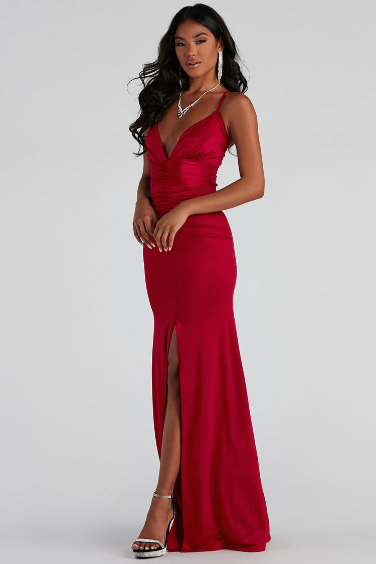 Silky Satin Deep V Ruched Front Slit Evening Maxi Dress - Red