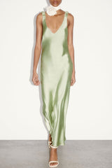 Silky Satin Deep V Ruched Suspender Strap Sleeveless Maxi Dress - Green