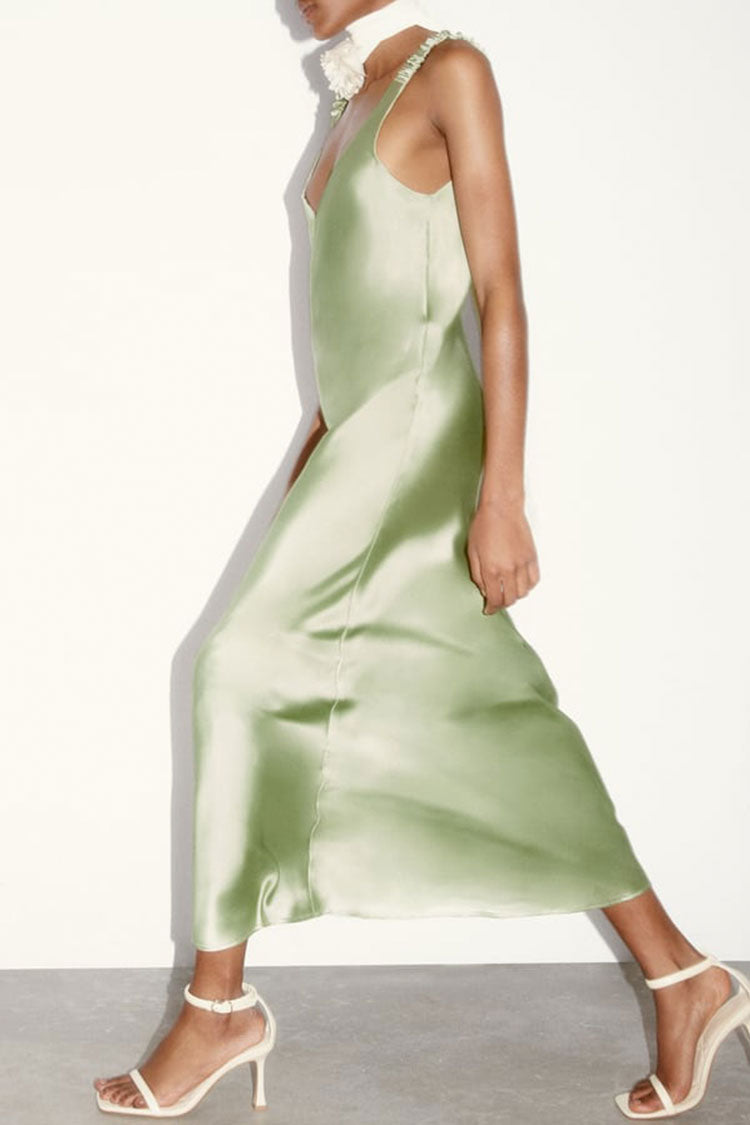 Silky Satin Deep V Ruched Suspender Strap Sleeveless Maxi Dress - Green