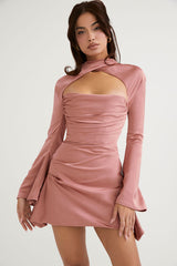 Silky Satin High Neck Long Sleeve Cutout Party Mini Dress - Pink