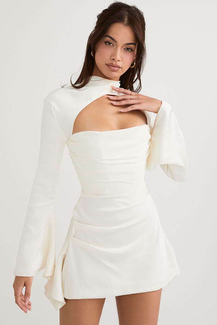 Silky Satin High Neck Long Sleeve Cutout Party Mini Dress - White