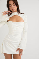 Silky Satin High Neck Long Sleeve Cutout Party Mini Dress - White