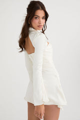 Silky Gathered High Neck Long Sleeve Cutout Party Mini Dress - White