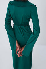 Silky Satin Long Sleeve Cocktail Party Wrap Maxi Dress - Emerald Green