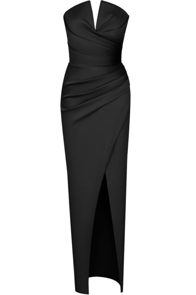 Silky Satin Notch V Strapless Draped Cocktail Party Midi Dress - Black