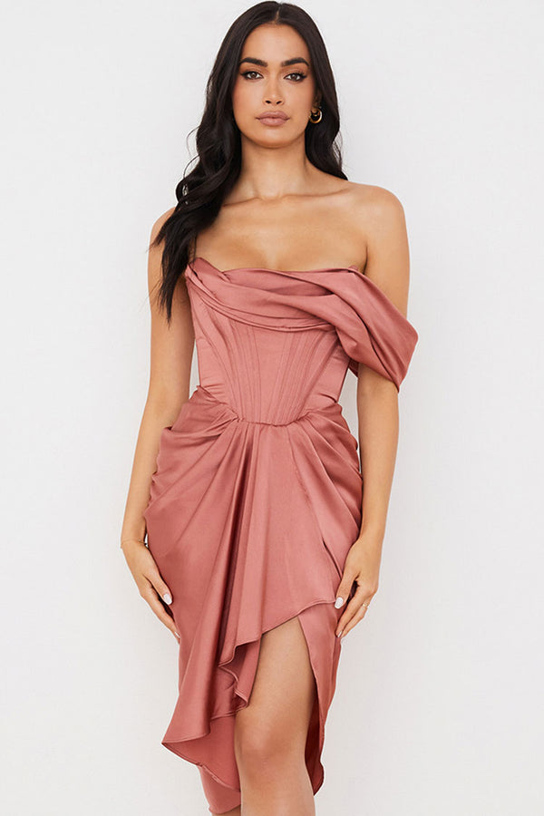Silky Satin Off Shoulder Ruched Bodycon Midi Corset Dress - Dusty Pink