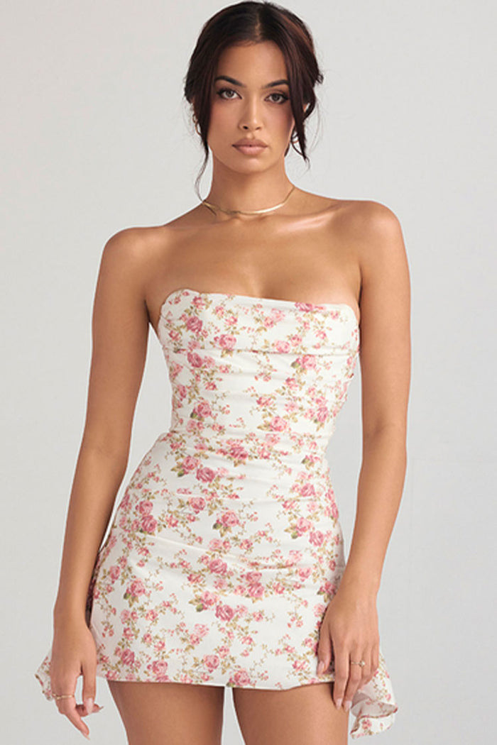 Silky Satin Pleated Trim Corset Strapless Party Mini Dress Floral Rosedress