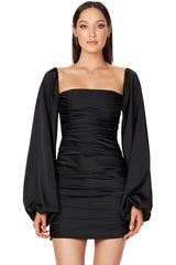 Silky Satin Square Neck Bishop Sleeve Ruched Party Mini Dress - Black