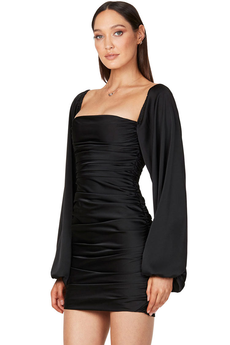 Silky Satin Square Neck Bishop Sleeve Ruched Party Mini Dress - Black