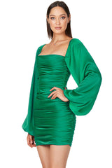 Silky Satin Square Neck Bishop Sleeve Ruched Party Mini Dress - Green