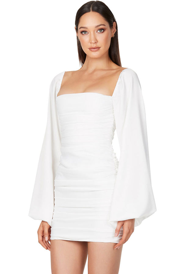 Silky Satin Square Neck Bishop Sleeve Ruched Party Mini Dress - White