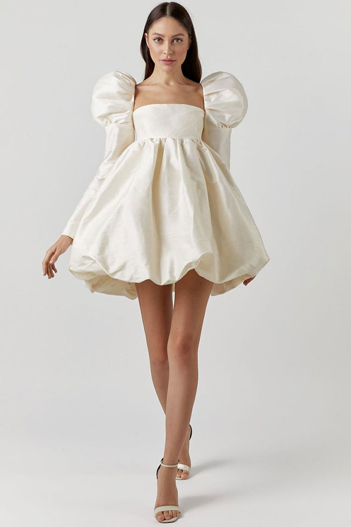 Silky Satin Square Neck Puff Sleeve Babydoll Mini Dress