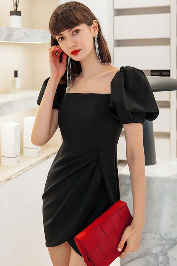 Silky Satin Square Neck Puff Sleeve Pleated Trim Party Mini Dress - Black