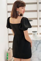 Silky Satin Square Neck Puff Sleeve Pleated Trim Party Mini Dress - Black