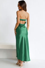 Silky Pleated Strapless Cowl Back Cocktail Midi Dress - Green
