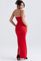 Silky Spaghetti Strap Sleeveless Corset Satin Evening Maxi Dress - Red