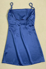 Silky Square Neck Spaghetti Strap Ruched Side Satin Slip Mini Dress - Blue