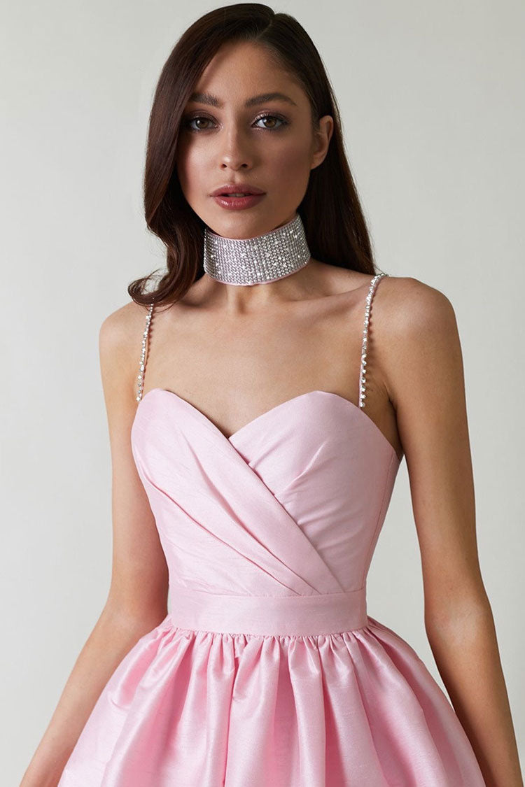 Silky Sweetheart Spaghetti Strap Pleated Satin Skater Mini Dress - Pink