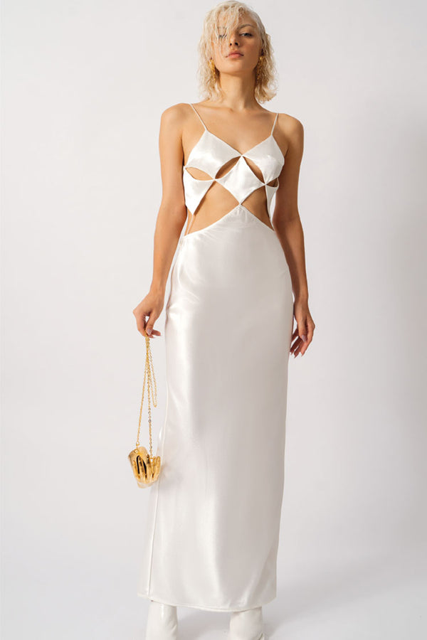 Silky V Neck Cutout Backless Back Slit Slip Maxi Dress - White